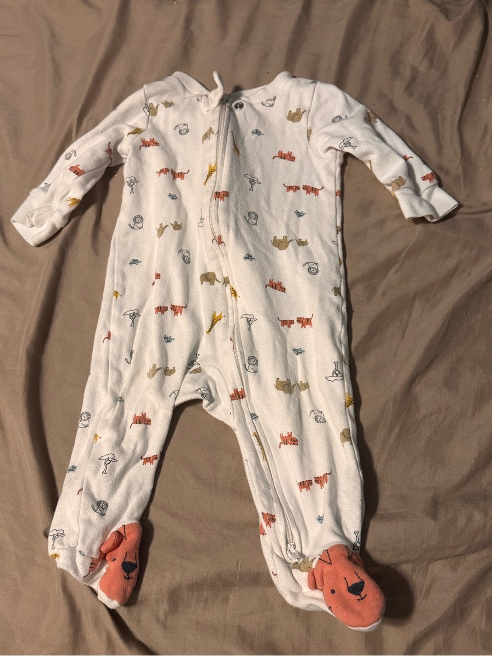 Carter's White Footed One-Piece with Animal Print and Coral Feet